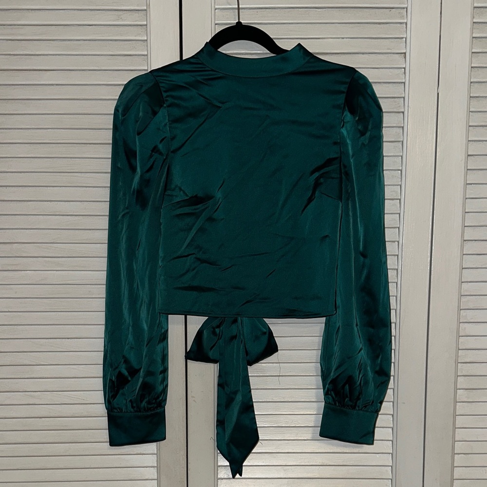 Glam Hunter Green Open-back Satin Blouse with Tie Back